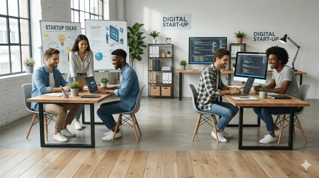 Étudiants en formation communication digitale travaillant sur une stratégie de contenu digital